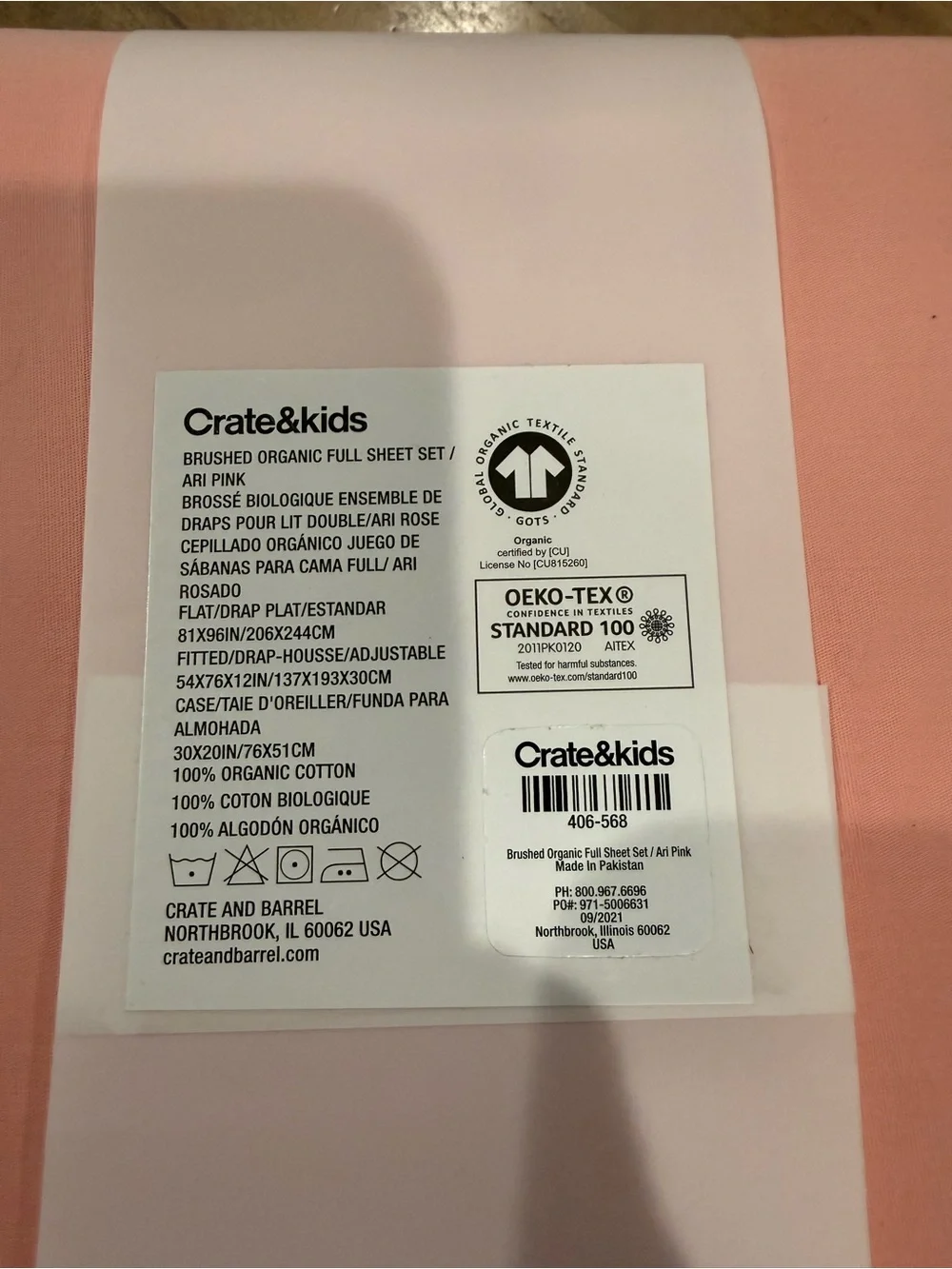 Crate&Barrel Kids Pale Pink Fitted Sheet